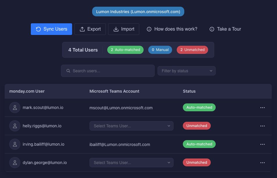 MS Teams Direct+ user mapping interface showing auto-matched and unmatched users